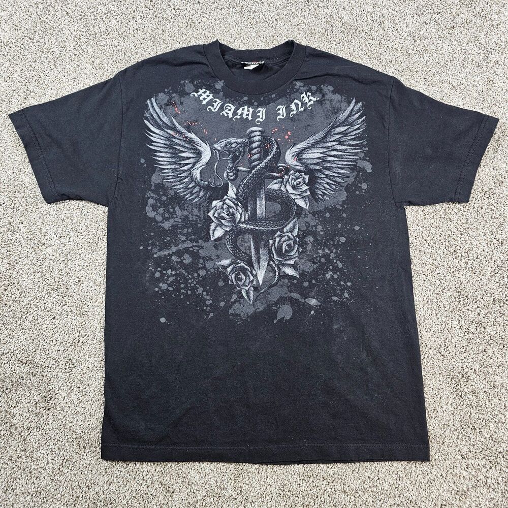 Miami Ink Shirt MensLarge Black Tattoo Snake Sword Rose Wings Goth Biker 2007
